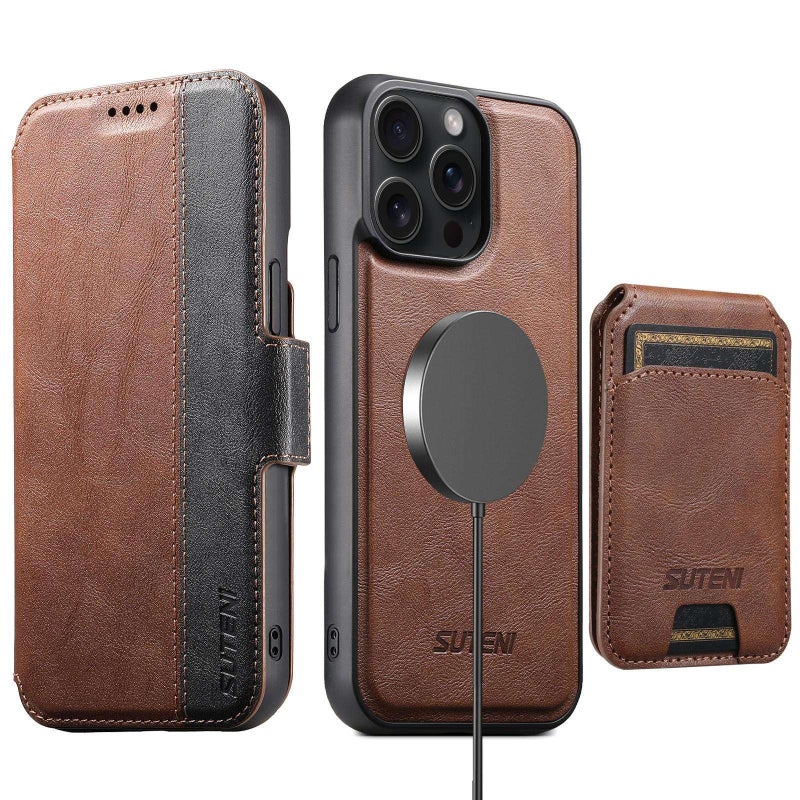 Suteni For Iphone 15 Pro Max Q07S2 3-In-1 Detachable Vertical Flip Wallet Magsafe Splicing Leather Phone Case(Brown) - Image 1