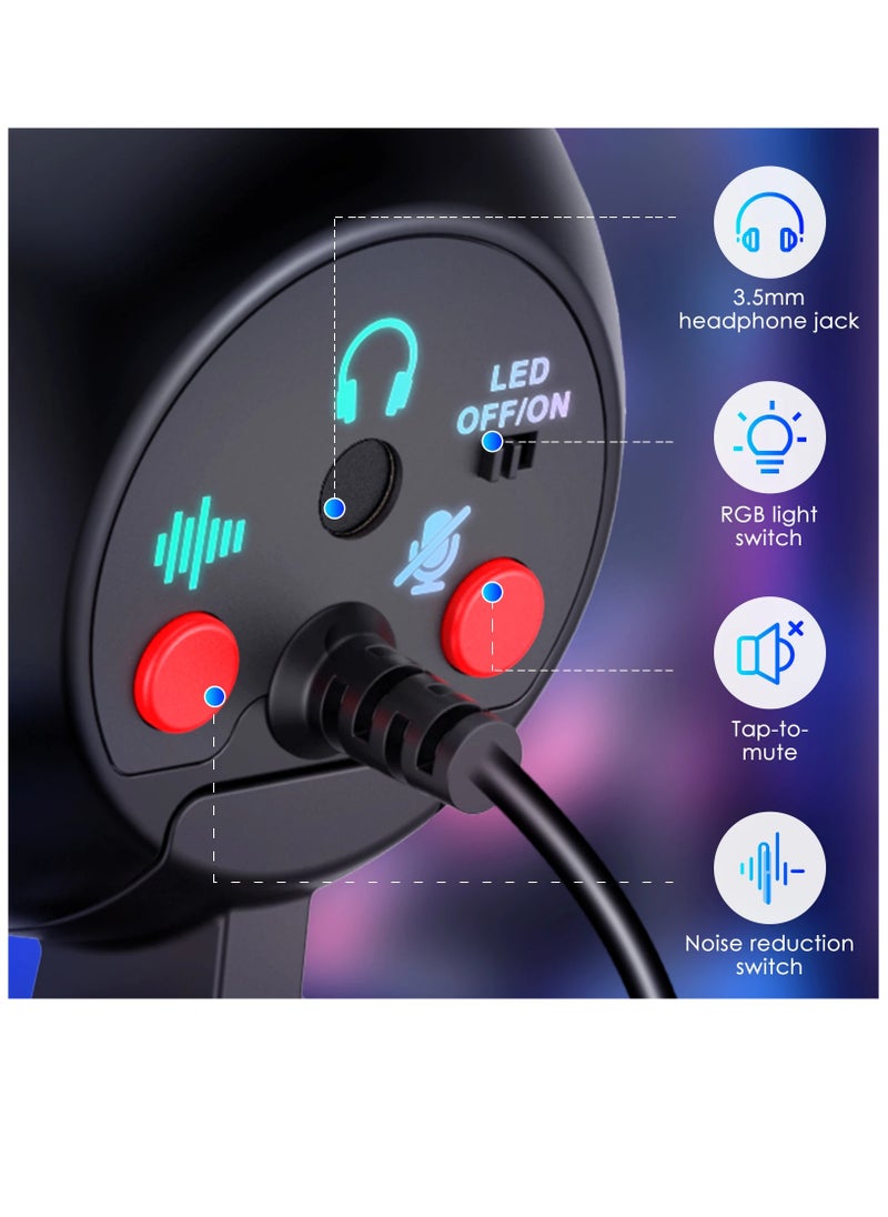 ميكروفون مكثف RGB بميكروفون USB قلبي مع تأثير إضاءة ملون، كتم زر واحد، مراقبة في الوقت الحقيقي مع حامل ميكروفون سطح المكتب لأجهزة الكمبيوتر المحمول والبث المباشر لمؤتمرات الفيديو عبر الإنترنت