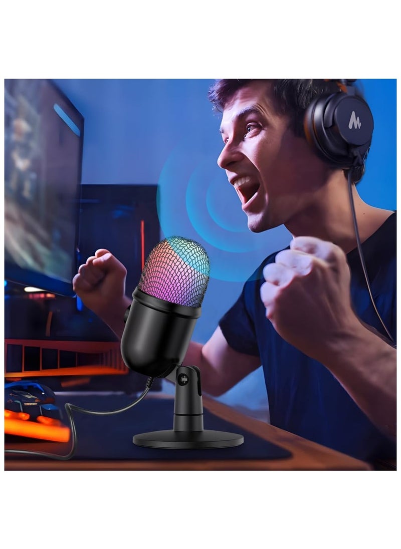 ميكروفون مكثف RGB بميكروفون USB قلبي مع تأثير إضاءة ملون، كتم زر واحد، مراقبة في الوقت الحقيقي مع حامل ميكروفون سطح المكتب لأجهزة الكمبيوتر المحمول والبث المباشر لمؤتمرات الفيديو عبر الإنترنت