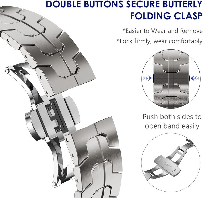 WINGLE Metal Band for Galaxy Watch Ultra Bands 47mm 2025/2024 Men Rugged Durable Armor Stainless Steel Samsung Galaxy Watch Ultra Band Classy Casual Business Bands Butterfly Folding Clasp, Titanium - Image 4