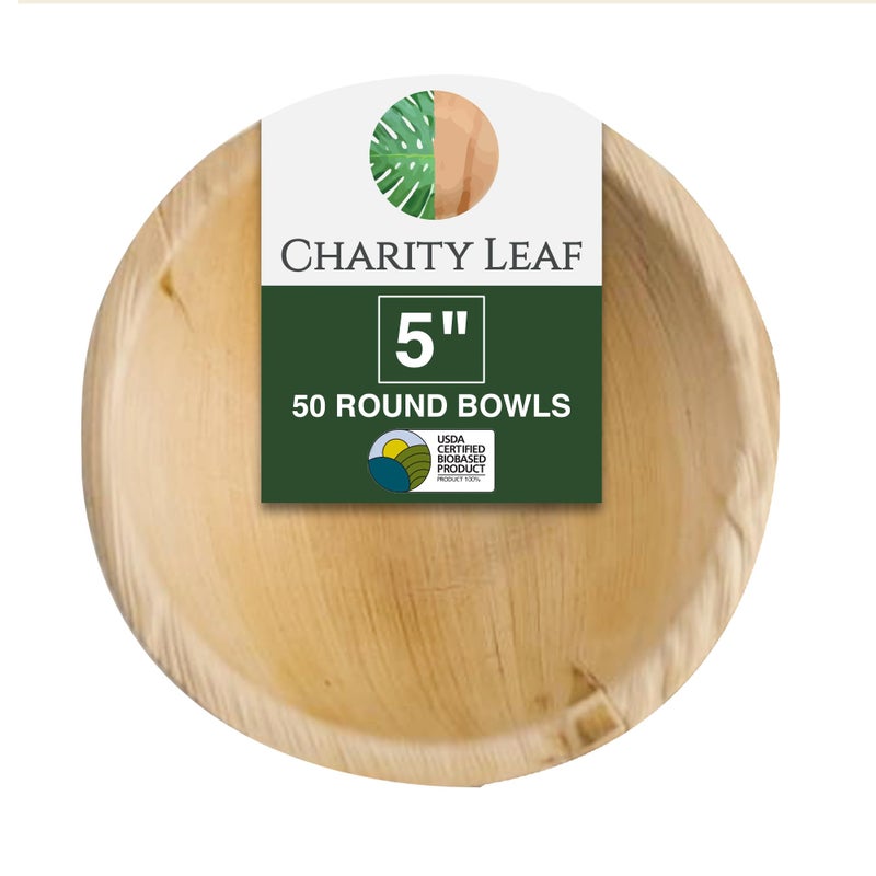 Charity Leaf Disposable Palm Leaf 5"" Round Bowl (50 pcs) Dipping Bowls | Bamboo Like| All Natural and Biodegradable | Charcuterie Boards  BBQs  and Parties - Image 1