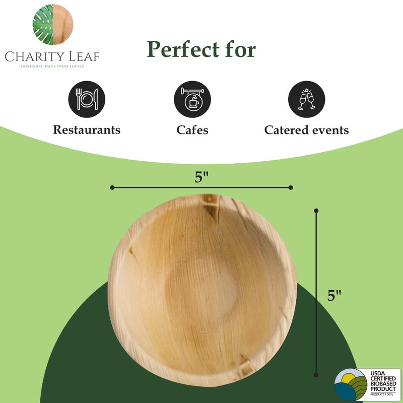 Charity Leaf Disposable Palm Leaf 5"" Round Bowl (50 pcs) Dipping Bowls | Bamboo Like| All Natural and Biodegradable | Charcuterie Boards  BBQs  and Parties - Image 3