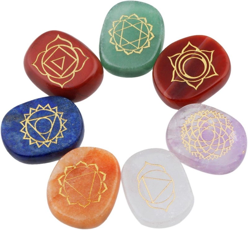 Rockcloud Healing Crystal 7 Chakra Stones Engraved Palm Pocket Worry Stone Reiki Balancing