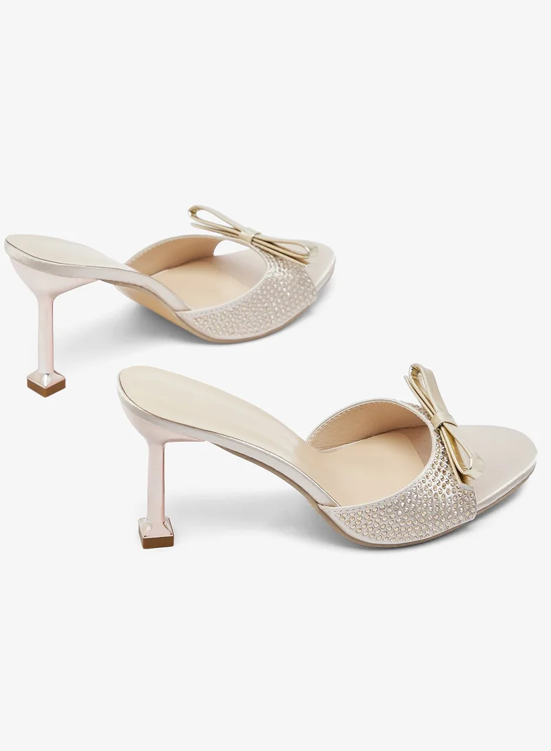Ginger Bow Detail Rhinestone Embellished Mid Heel Sandals