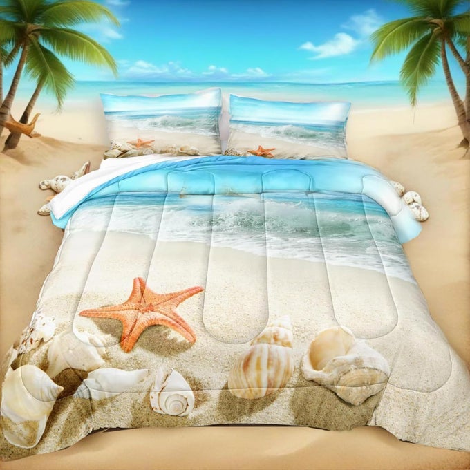BEACH THEME COMFORTER QUEEN SEASHELL COMFORTER SET BEACH ROOM DECOR STARFISH SEASHORE OCEAN QUILT SET 3 PCS BEACHY COMFORTER SET COASTAL BEDDING QUILT SET FOR ALL SEASONSCONCHQUEEN