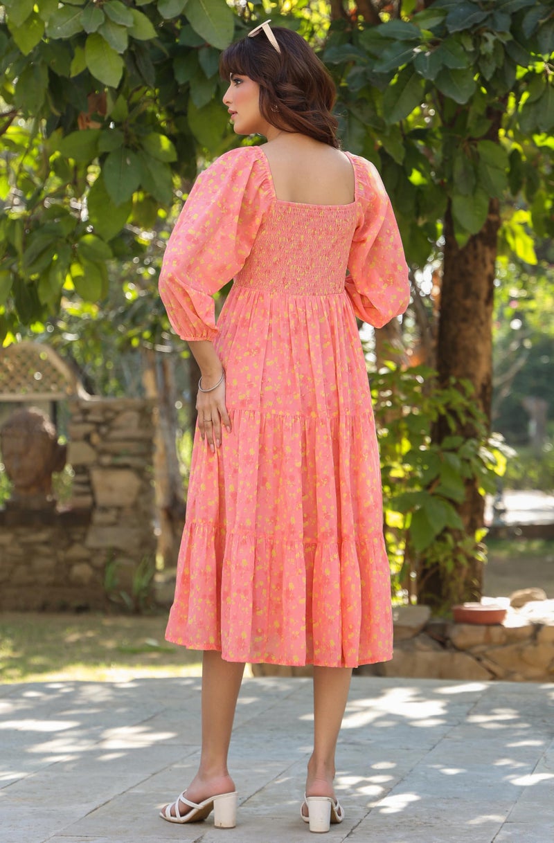 Janasya Women's Peach Georgette Floral Printed Tiered Dress (JAA25DR01171) - Image 4