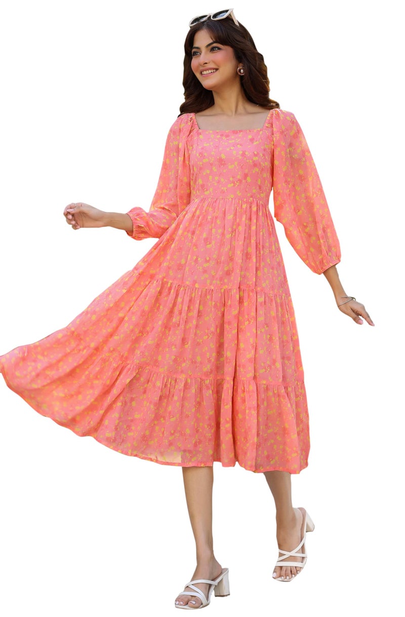 Janasya Women's Peach Georgette Floral Printed Tiered Dress (JAA25DR01171) - Image 1