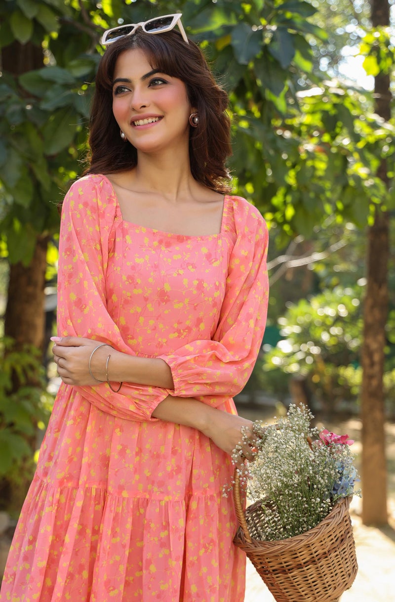 Janasya Women's Peach Georgette Floral Printed Tiered Dress (JAA25DR01171) - Image 2