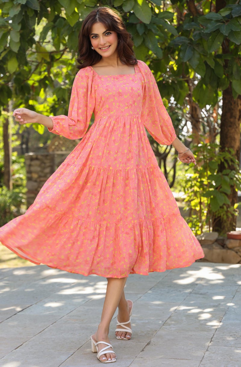 Janasya Women's Peach Georgette Floral Printed Tiered Dress (JAA25DR01171) - Image 3