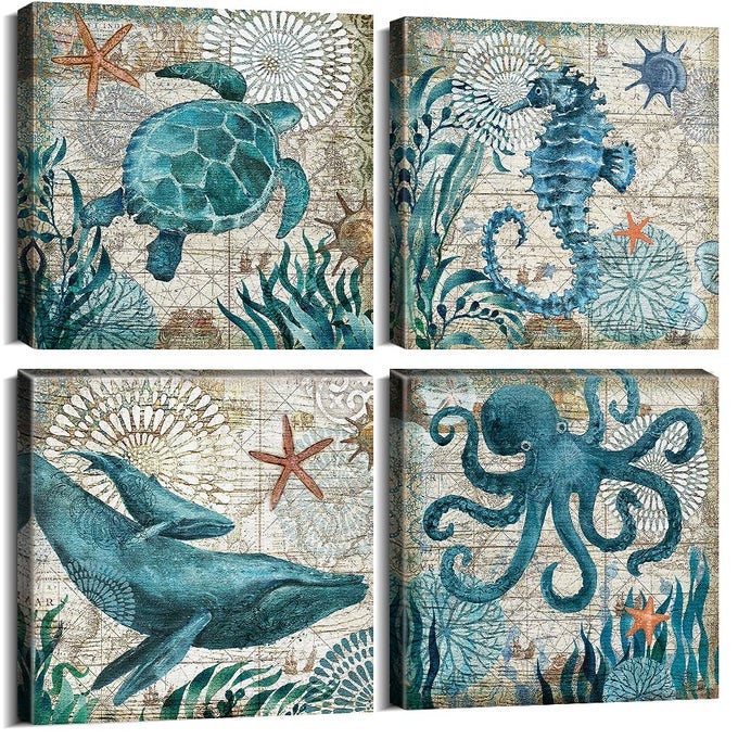 BATHROOM WALL ART BEACH DECOR OCEAN SEA TURTLE OCTOPUS CANVAS PICTURES COASTAL ROOM DECOR TEAL BATHROOM ACCESSORIES VINTAGE WHALE SEAHORSE POSTER MODERN NAUTICAL PAINTING BEDROOM HOME DECORATIONS