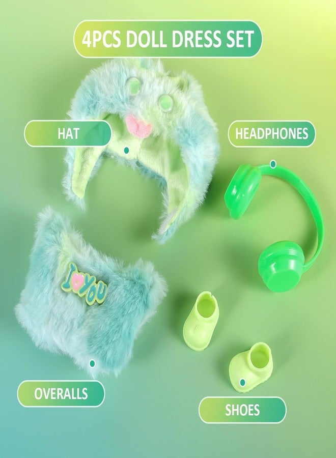 GQNDGN 17cm Doll Clothes Set for Labubu Dress Up,Cute Outfit ,4 Piece Hat Overalls Headphones Shoes Dolls Clothing Accessories(NO Doll) (Green) - Image 2