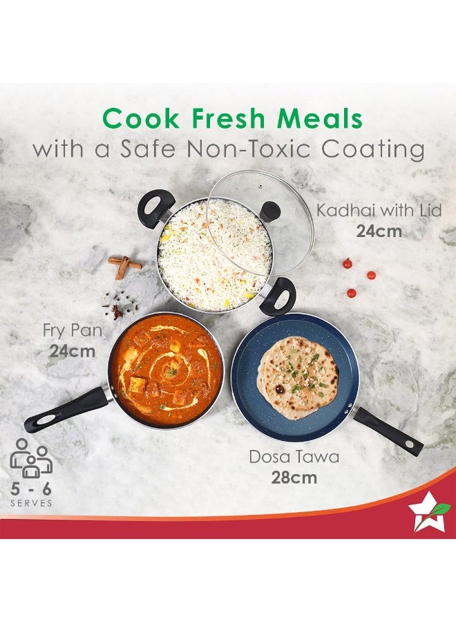 Wonderchef Galaxy Cookware 4 Piece Set | Kadhai with Lid, Fry Pan, Dosa Tawa | Induction Friendly | Cool Touch Bakelite Handles | Pure Grade Aluminium| PFOA Free| 2 Years Warranty | Midnight Blue - Image 2