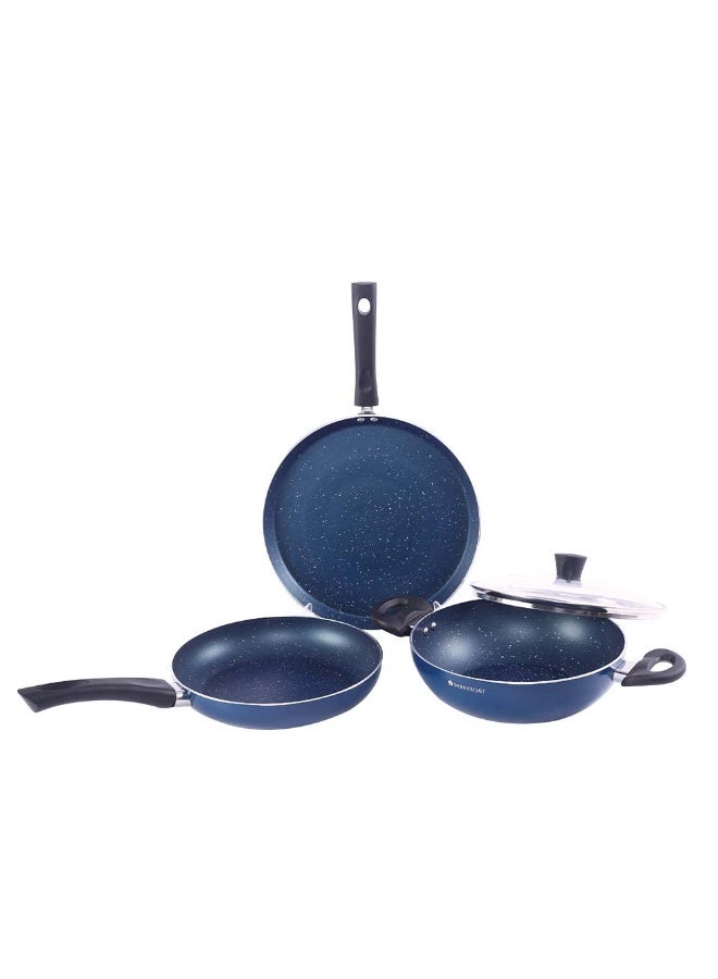 Wonderchef Galaxy Cookware 4 Piece Set | Kadhai with Lid, Fry Pan, Dosa Tawa | Induction Friendly | Cool Touch Bakelite Handles | Pure Grade Aluminium| PFOA Free| 2 Years Warranty | Midnight Blue - Image 1