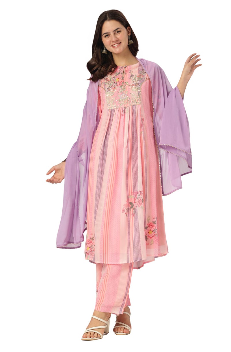 Janasya Women Georgette Embroidered Kurta with Pant & Dupatta Pink Color Trending Outfit - Image 1