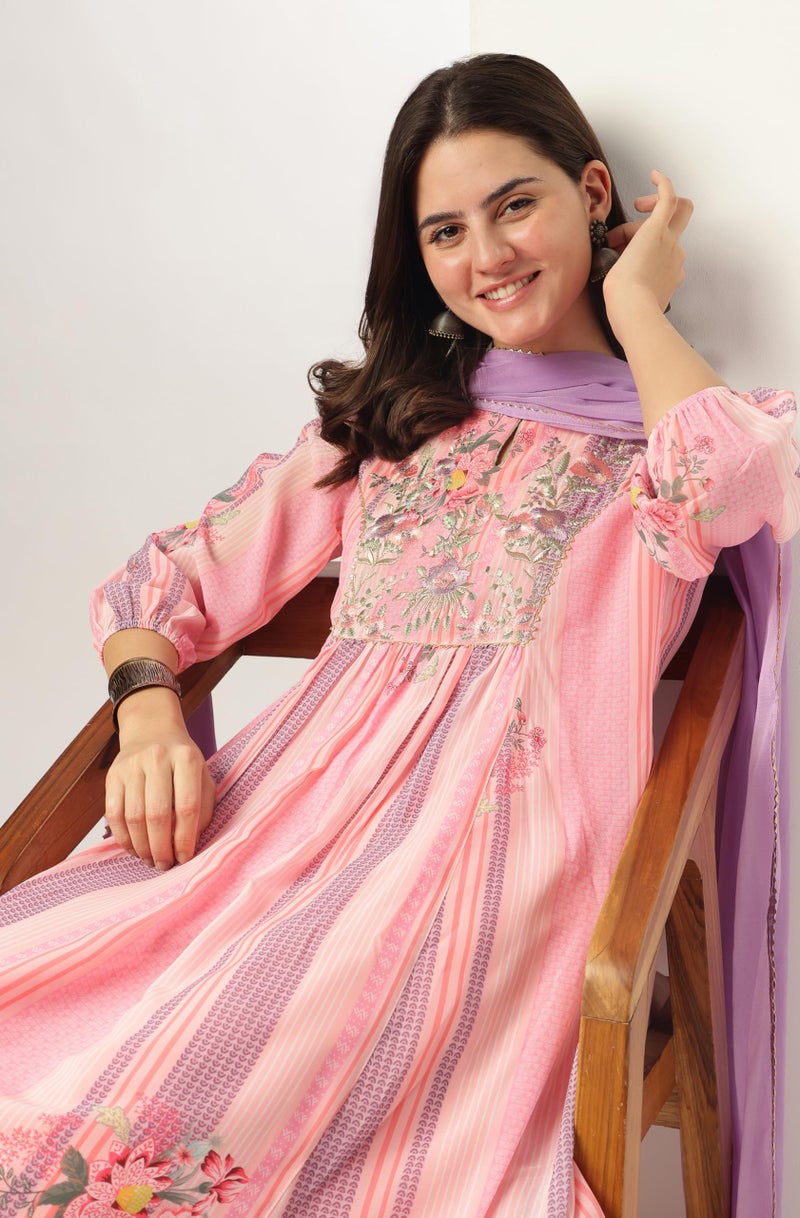 Janasya Women Georgette Embroidered Kurta with Pant & Dupatta Pink Color Trending Outfit - Image 2