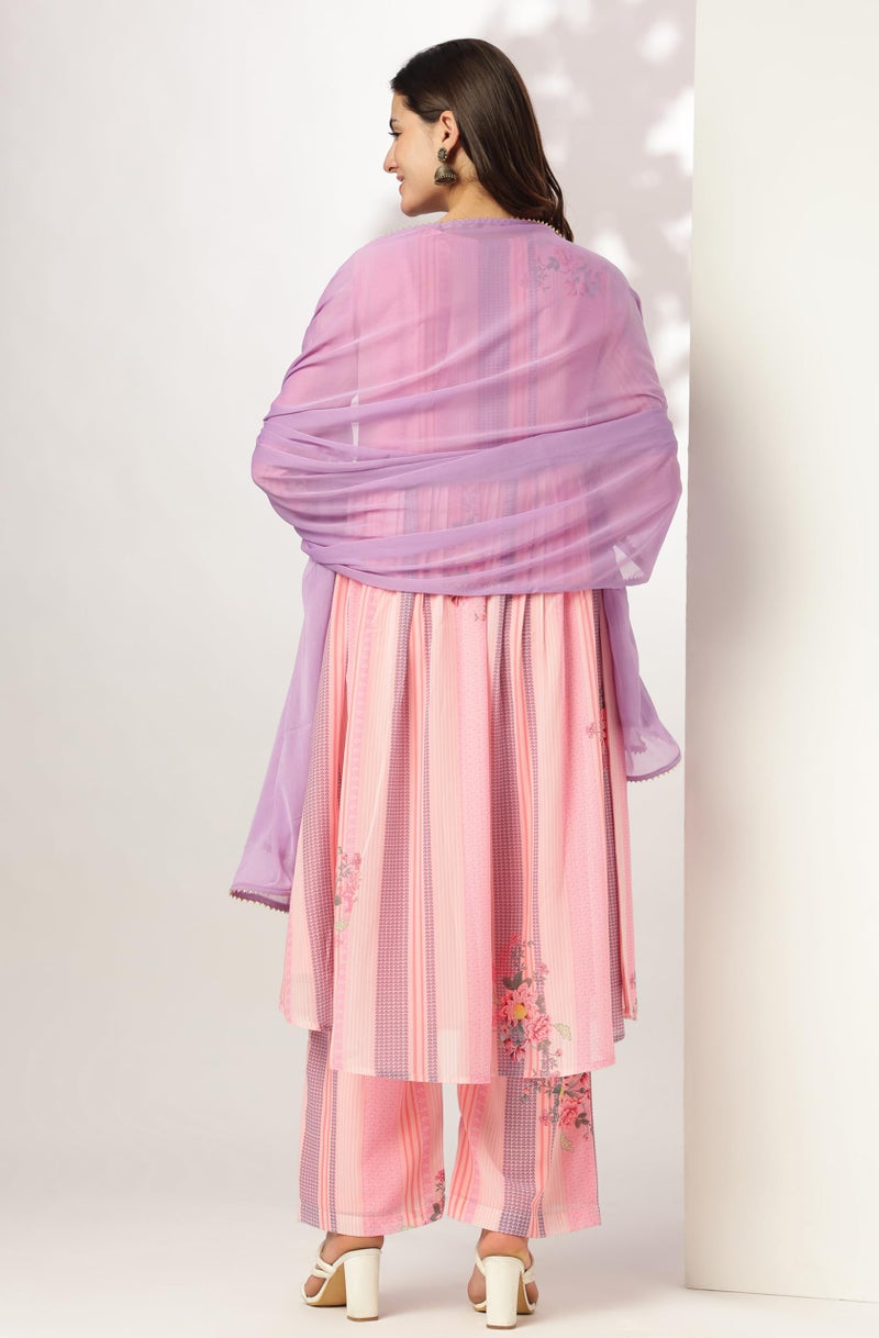 Janasya Women Georgette Embroidered Kurta with Pant & Dupatta Pink Color Trending Outfit - Image 4