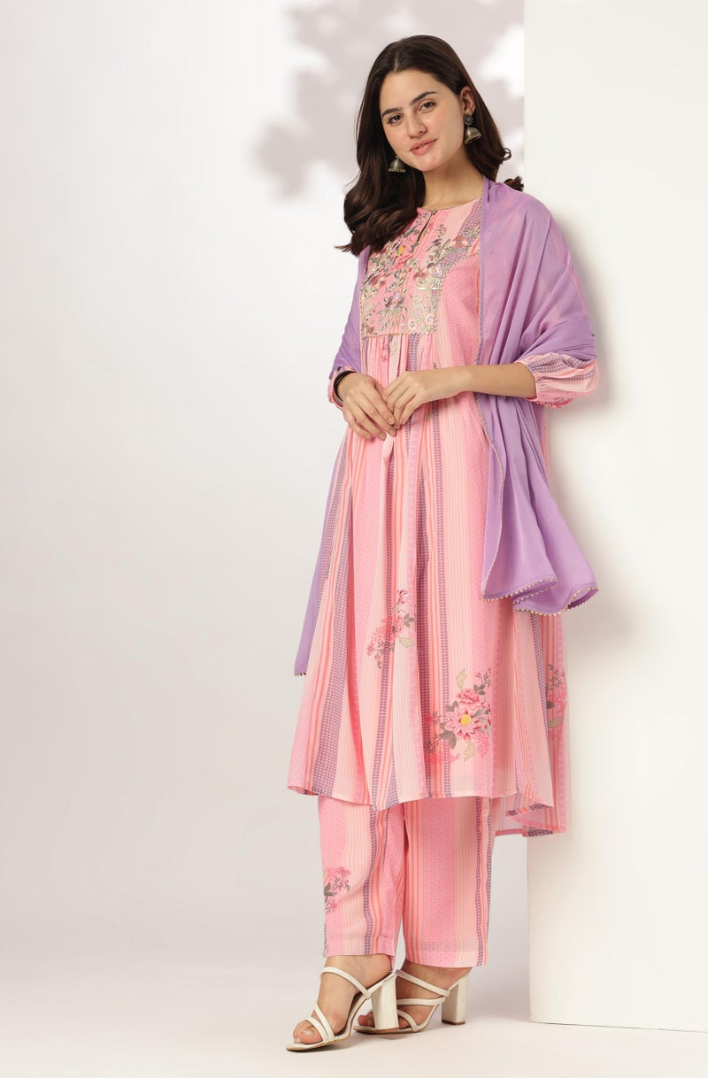Janasya Women Georgette Embroidered Kurta with Pant & Dupatta Pink Color Trending Outfit - Image 3