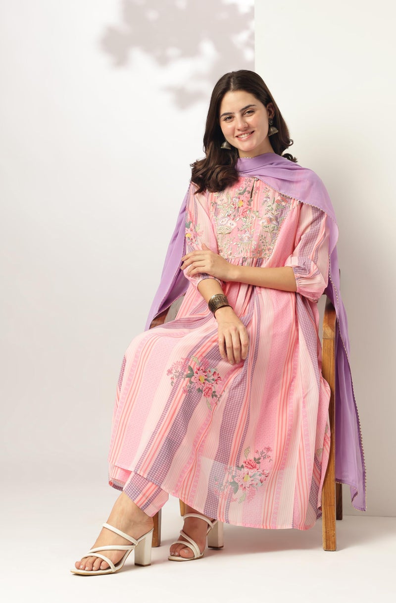 Janasya Women Georgette Embroidered Kurta with Pant & Dupatta Pink Color Trending Outfit - Image 5