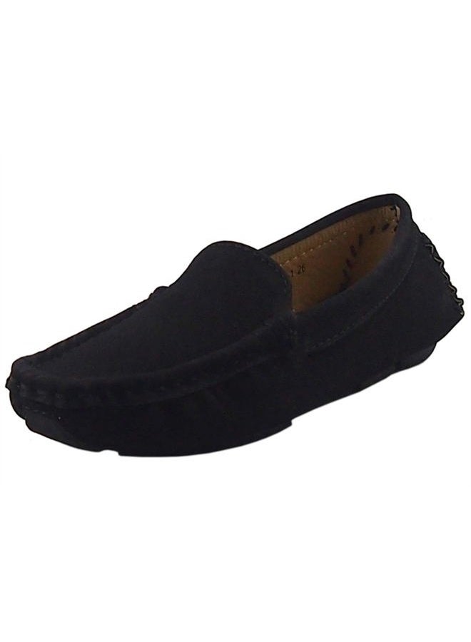 DADAWEN Girl's Boy's Soft Suede Leather Slip-on Oxford Flats Comfort Loafer Boat Dress Shoes, Black, 1 Little Kid - Image 1
