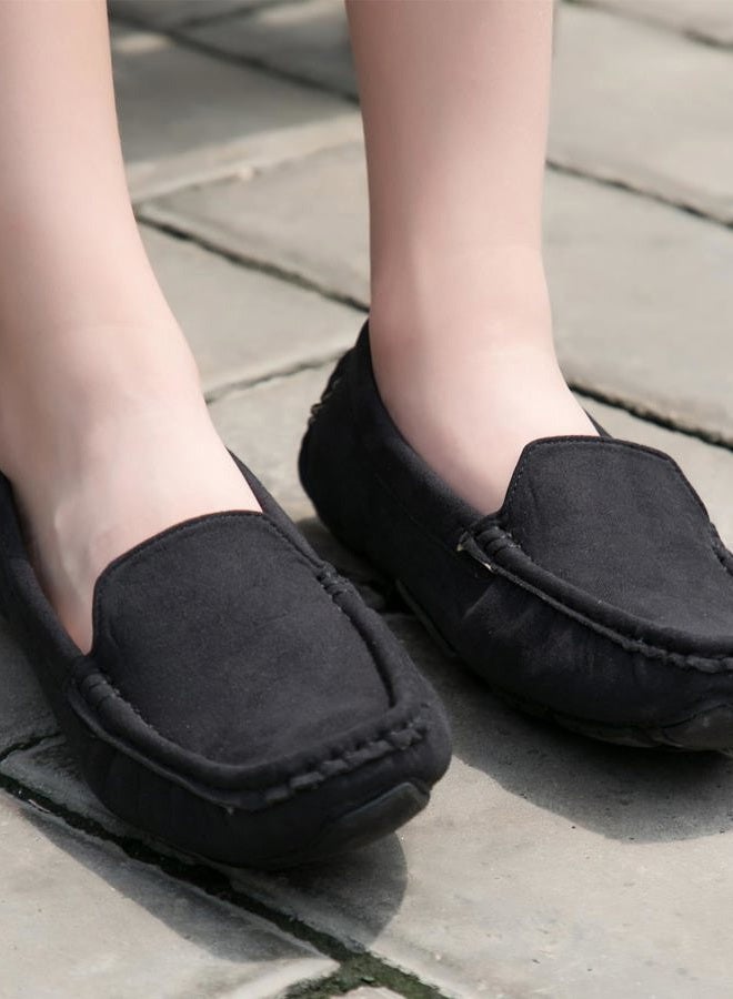 DADAWEN Girl's Boy's Soft Suede Leather Slip-on Oxford Flats Comfort Loafer Boat Dress Shoes, Black, 1 Little Kid - Image 3