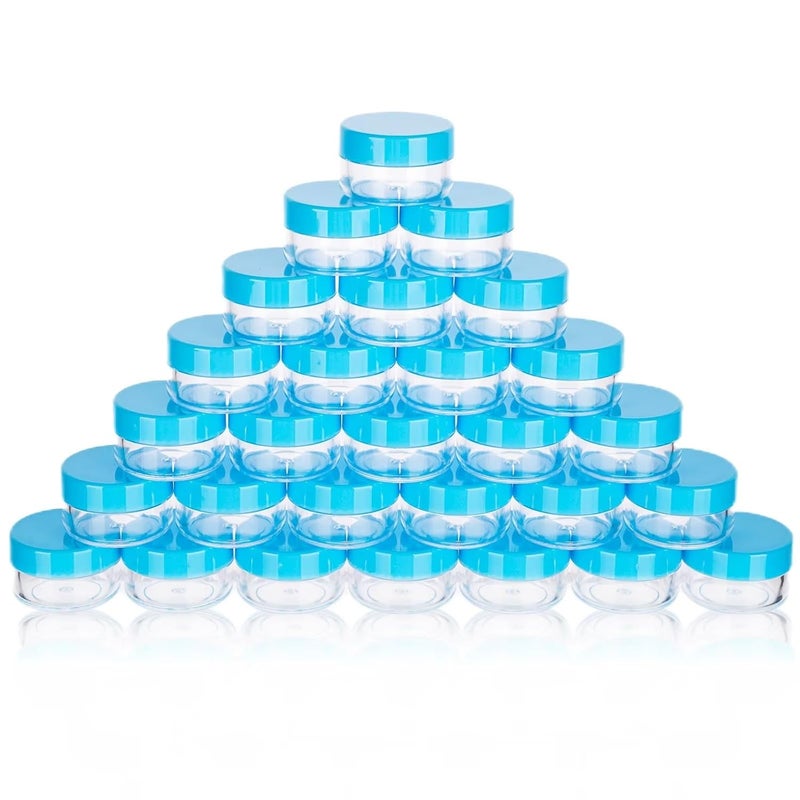 ZEJIA 5 Gram Sample Containers with Lids, Mini Makeup Containers, Empty Plastic Travel Cosmetic Containers with Labels(50 Count, Blue Lid)