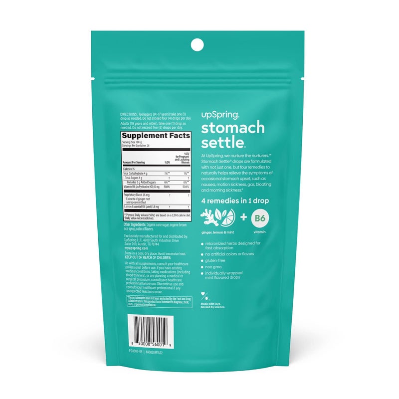 UpSpring Stomach Settle Drops for Occasional Nausea Relief/Upset Stomach with Ginger, Lemon, Spearmint, and B6. Mint Flavor Drops, 28 Ct(Packaging May Vary) - Image 4