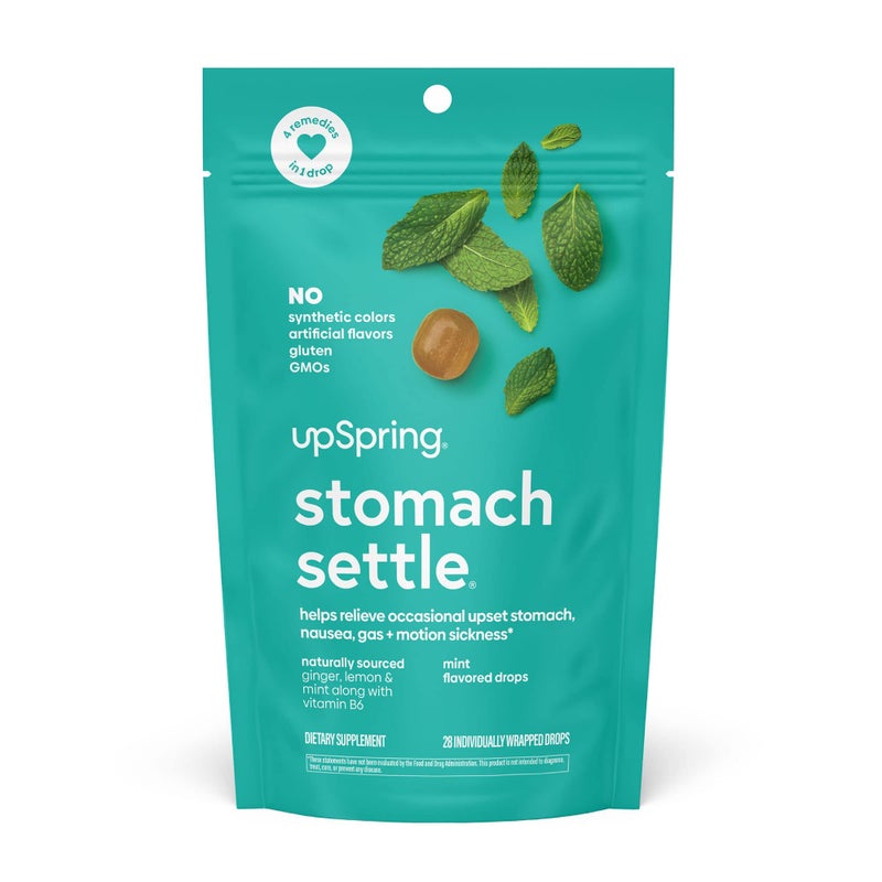 UpSpring Stomach Settle Drops for Occasional Nausea Relief/Upset Stomach with Ginger, Lemon, Spearmint, and B6. Mint Flavor Drops, 28 Ct(Packaging May Vary) - Image 1