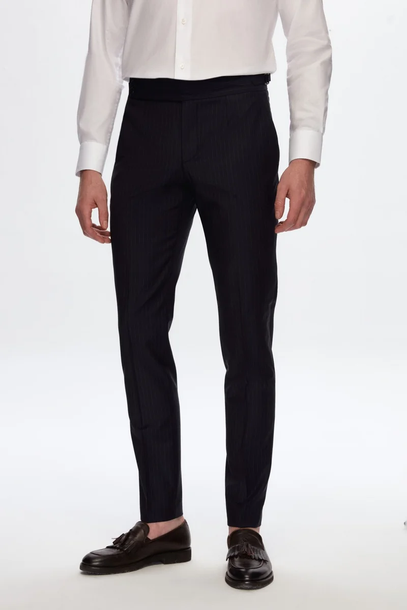 D'S DAMAT Slim Fit Navy Blue Striped Bi-Strech Fabric Trousers 2DF03JB63328M