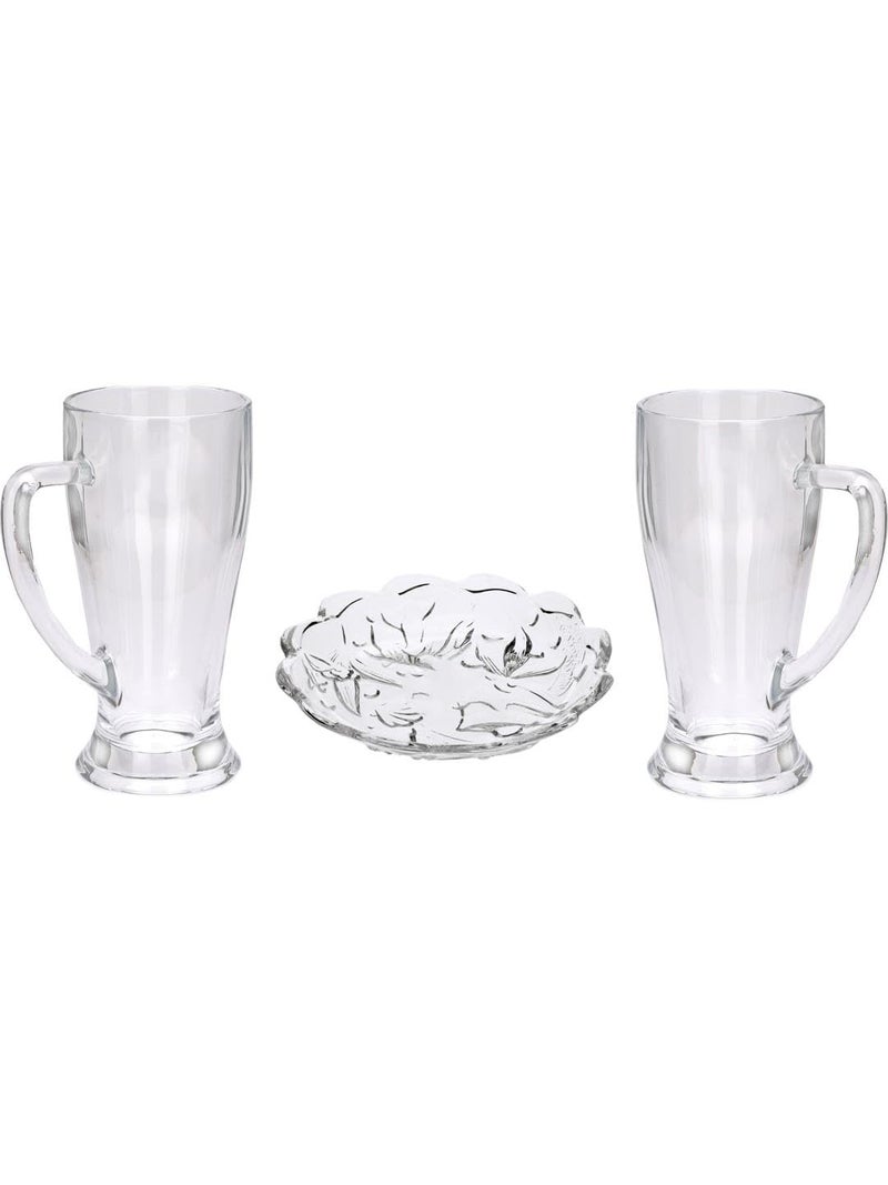 Somil Combo Set of 2 Beer Glasses and 1 Snack Plate Transparent Glass Set of 3 Glass Size 7 X 11 X 15 Cm Plate Size 175 X 175 X 4 Cm - Image 1