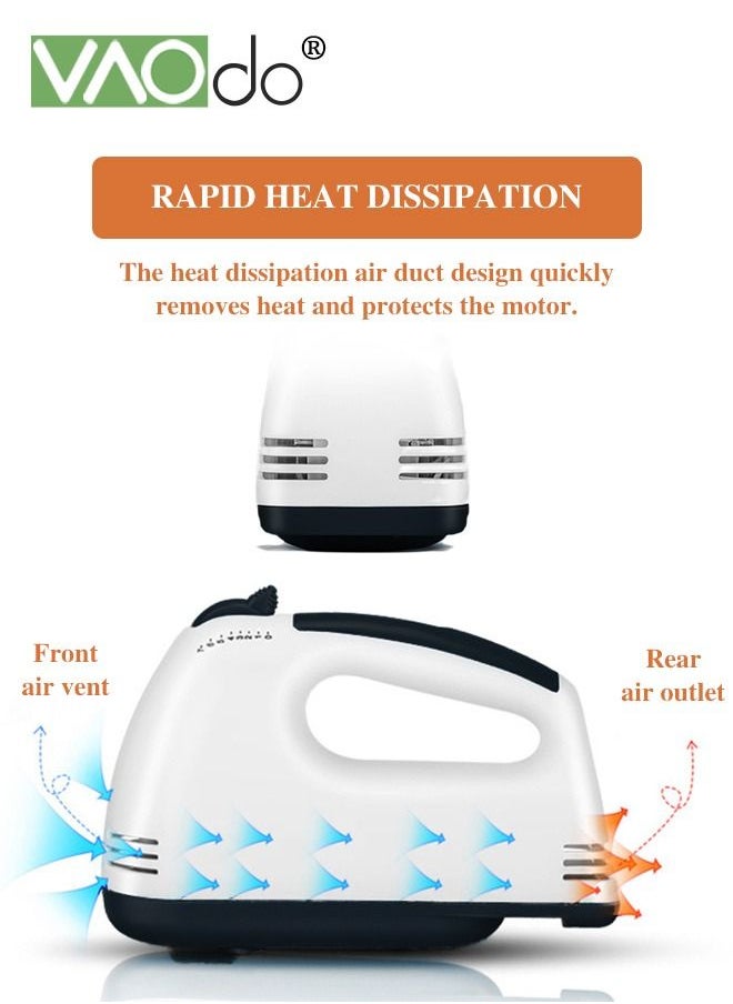 7-Speed Electric Whisk Hand Mixer Traditional Beaters Snap-on Storage Case Quiet Pure Copper Motor with 3 Stirring Sticks White