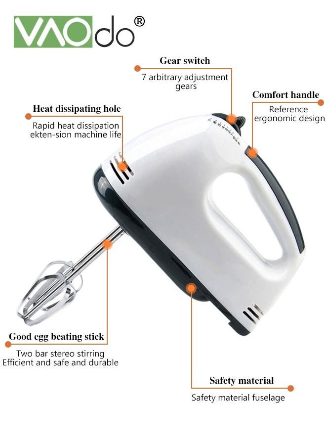 7-Speed Electric Whisk Hand Mixer Traditional Beaters Snap-on Storage Case Quiet Pure Copper Motor with 3 Stirring Sticks White