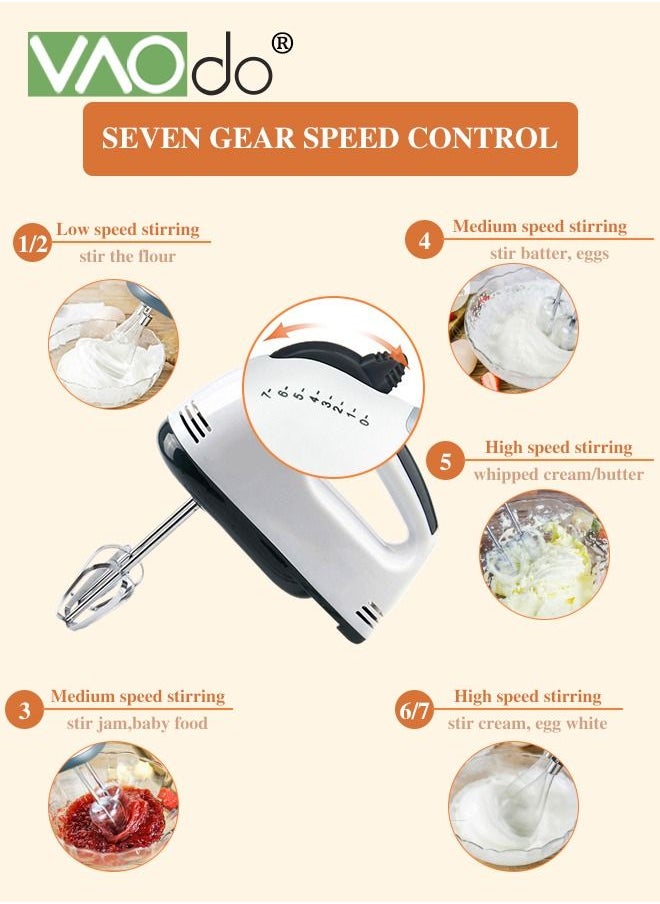 VAOdo 7-Speed Electric Whisk Hand Mixer Traditional Beaters Snap-on Storage Case Quiet Pure Copper Motor with 3 Stirring Sticks White  - Image 3