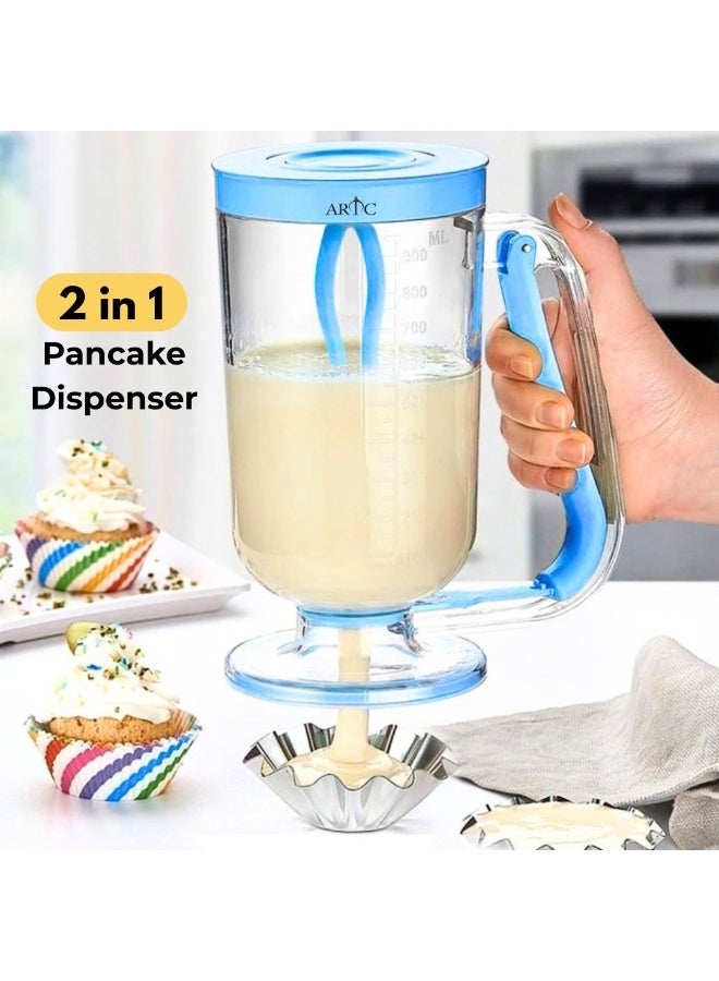 ARTC 950ML Pancake Batter Dispenser 2-in-1 – Cake Batter Dispenser Bottle, Waffle & Cupcake Batter Pourer, Transparent Acrylic Measuring Cup with Handle Trigger, No-Drip Portion Control Baking Tool Kitchen Gadget (Blue) - Image 1