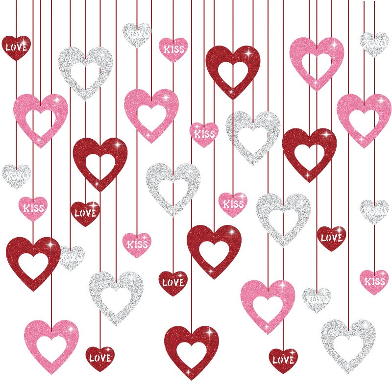 Hedeey Valentine's Decorations Hanging Swirls, 36Pcs Red Pink Silver Glitter Heart Decorations, NO DIY Valentine's Ceiling Hanging Decorations, Love XOXO KISS Cutout Decor for Home Party ï¼ˆHeartï¼‰ - Image 1