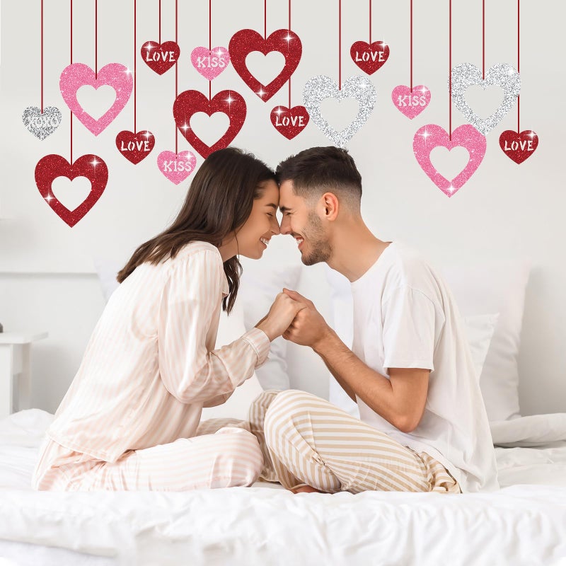 Hedeey Valentine's Decorations Hanging Swirls, 36Pcs Red Pink Silver Glitter Heart Decorations, NO DIY Valentine's Ceiling Hanging Decorations, Love XOXO KISS Cutout Decor for Home Party ï¼ˆHeartï¼‰ - Image 3