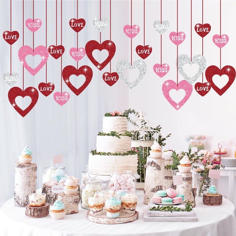 Hedeey Valentine's Decorations Hanging Swirls, 36Pcs Red Pink Silver Glitter Heart Decorations, NO DIY Valentine's Ceiling Hanging Decorations, Love XOXO KISS Cutout Decor for Home Party ï¼ˆHeartï¼‰ - Image 4