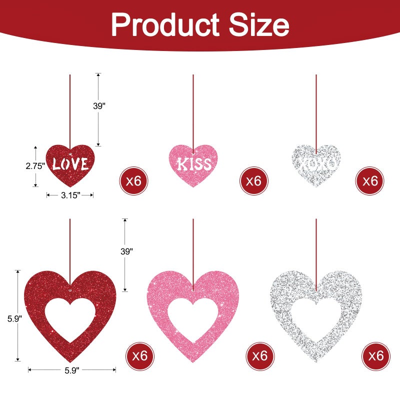 Hedeey Valentine's Decorations Hanging Swirls, 36Pcs Red Pink Silver Glitter Heart Decorations, NO DIY Valentine's Ceiling Hanging Decorations, Love XOXO KISS Cutout Decor for Home Party ï¼ˆHeartï¼‰ - Image 5
