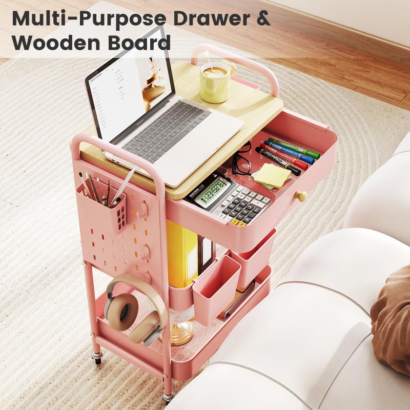 danpinera 3 Tier Rolling Cart, Metal Storage Cart with Drawer, Wooden Tabletop & DIY Pegboards, Utility Carts on Wheels with Hooks & Hanging Cups, Mobile Storage Organizer Trolley for Kitchen, Office - Image 5