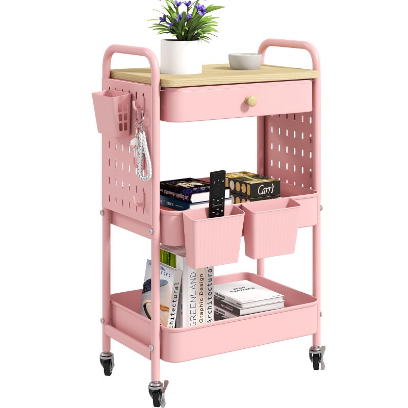 danpinera 3 Tier Rolling Cart, Metal Storage Cart with Drawer, Wooden Tabletop & DIY Pegboards, Utility Carts on Wheels with Hooks & Hanging Cups, Mobile Storage Organizer Trolley for Kitchen, Office - Image 1
