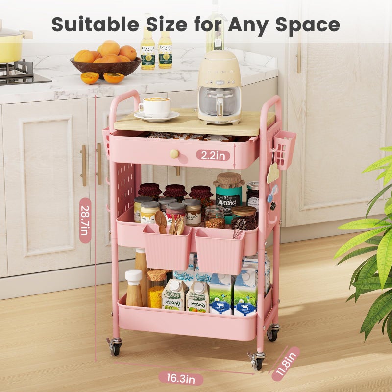 danpinera 3 Tier Rolling Cart, Metal Storage Cart with Drawer, Wooden Tabletop & DIY Pegboards, Utility Carts on Wheels with Hooks & Hanging Cups, Mobile Storage Organizer Trolley for Kitchen, Office - Image 2