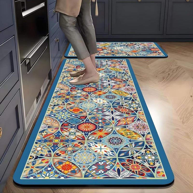 Xlot Kitchen Mats for Floor 2Pcs, Washable Anti Fatigue Mat for Cushioned, 15.7"x23.6"+15.7"x47.2", Waterproof Kitchen Rugs, Non Slip Comfort Standing Mat Rug for Home, Sink, Laundry (boho series 01) - Image 1