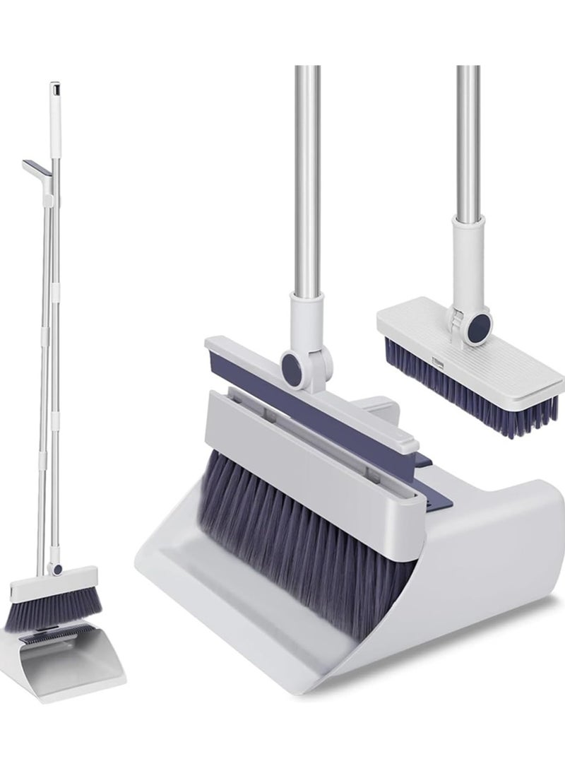مكنسة مع مجموعة كومبو من التراب، 4 في 1 مكنسة للكنس في الداخل والخارج، مكنسة ووعاء التراب للمنزل، مكنسة دفع ثقيلة لتنظيف المنزل مطبخ الحمام، مقلاة التراب مع مقبض طويل، مكنسة مائلة مع وعاء تراب لأعلى ومكشطة - Image 1