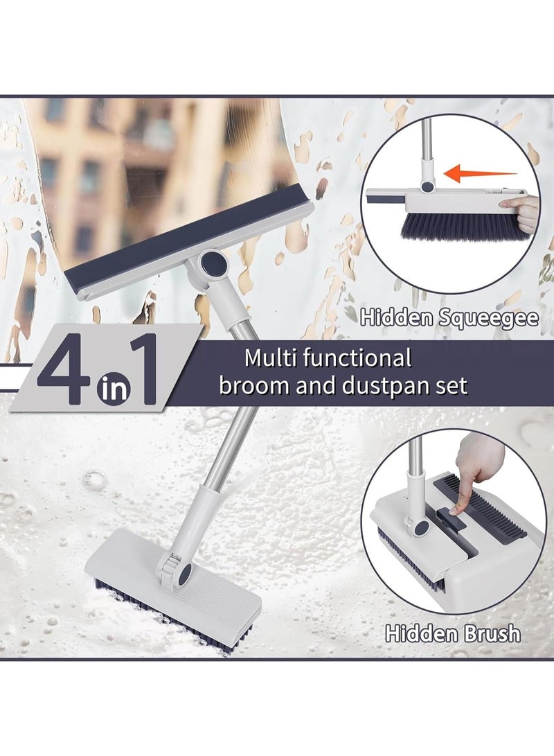 مكنسة مع مجموعة كومبو من التراب، 4 في 1 مكنسة للكنس في الداخل والخارج، مكنسة ووعاء التراب للمنزل، مكنسة دفع ثقيلة لتنظيف المنزل مطبخ الحمام، مقلاة التراب مع مقبض طويل، مكنسة مائلة مع وعاء تراب لأعلى ومكشطة - Image 3
