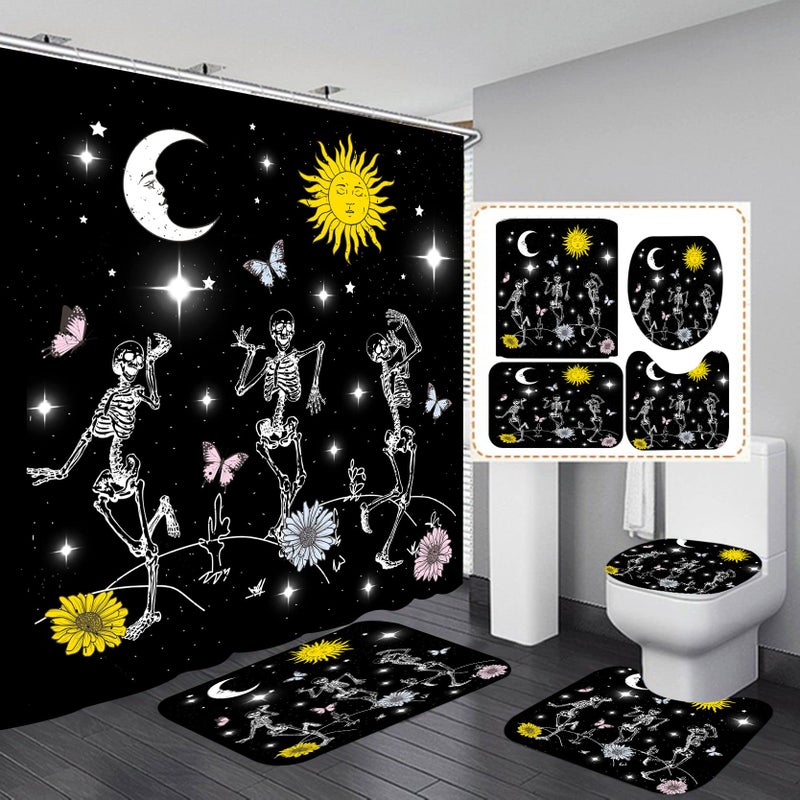 RinRinfam 4Pcs Skull Shower Curtain SetSun Moon Daisy Butterfly Shower Curtain Set NonSlip RugToilet Lid CoverU Shape MatWaterproof Bathroom Decor Sets Black Yellow