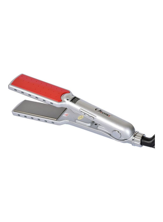 Okema Wide Ceramic Flat Iron Hair Styler Silver/Red - Image 2