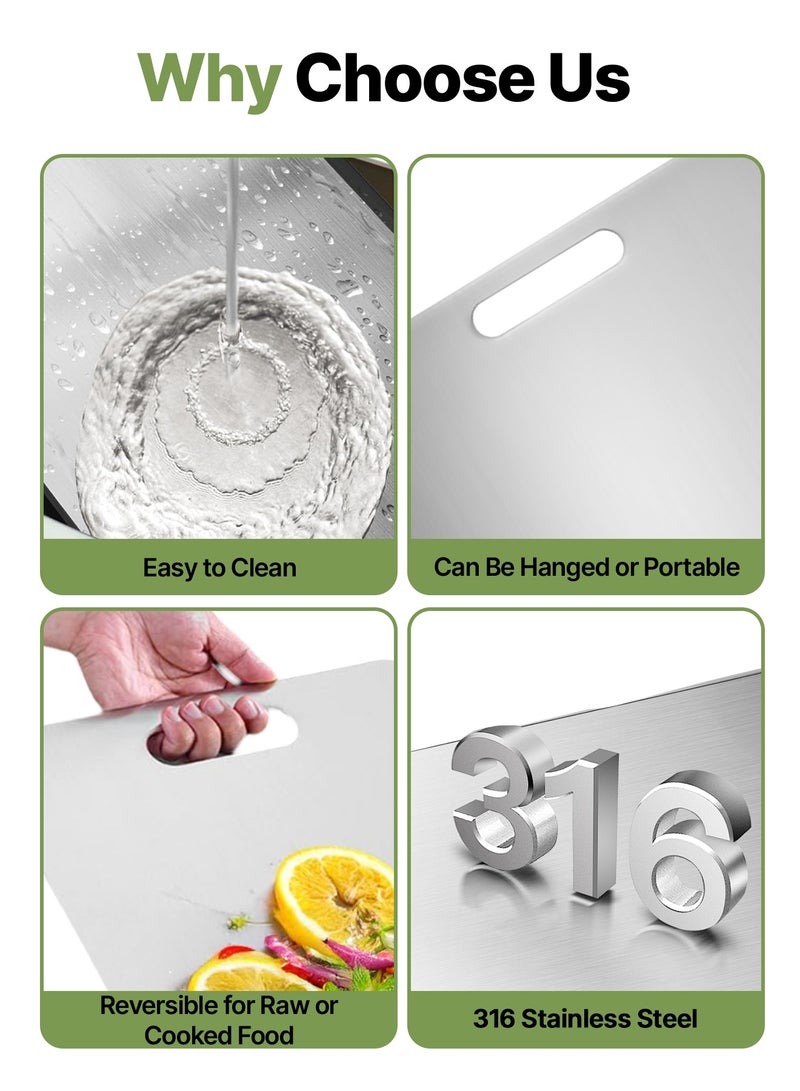 BASILKIT 316 Stainless Steel Cutting Board, 39x28cm Double-Sided, Food-Grade Antibacterial Anti-Mold, Easy Clean Dishwasher Safe, with Hanging Handle, for Home Kitchen & Outdoor Camping (Meat/Vegetables/Fruits) - Image 3