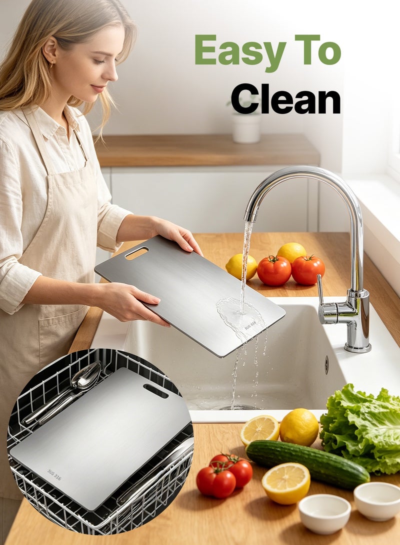 BASILKIT 316 Stainless Steel Cutting Board, 39x28cm Double-Sided, Food-Grade Antibacterial Anti-Mold, Easy Clean Dishwasher Safe, with Hanging Handle, for Home Kitchen & Outdoor Camping (Meat/Vegetables/Fruits) - Image 4