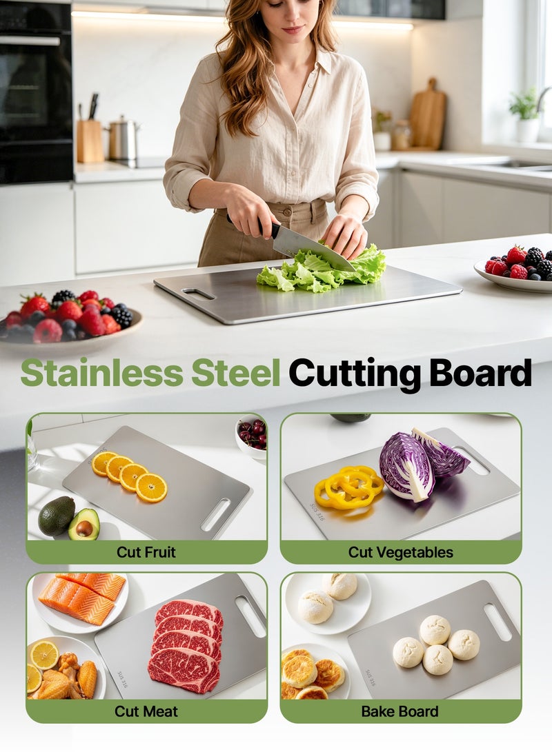 BASILKIT 316 Stainless Steel Cutting Board, 39x28cm Double-Sided, Food-Grade Antibacterial Anti-Mold, Easy Clean Dishwasher Safe, with Hanging Handle, for Home Kitchen & Outdoor Camping (Meat/Vegetables/Fruits) - Image 5