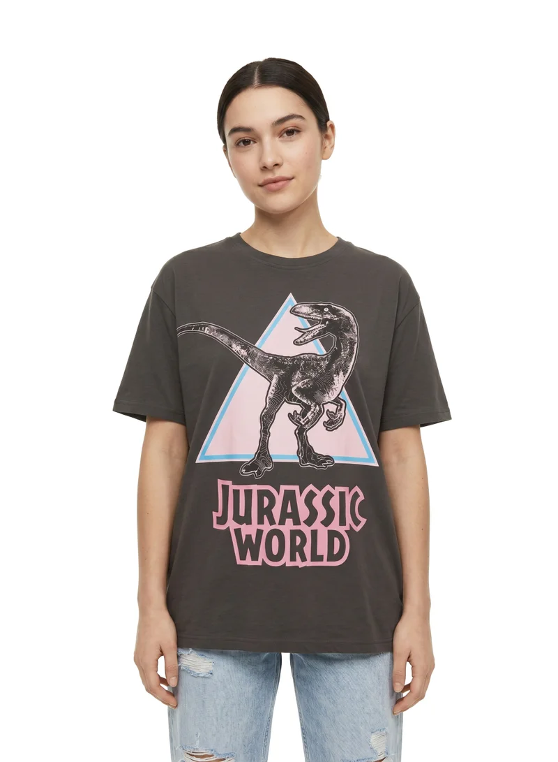 Universal Jurassic World Raptor Graphic Oversized T-Shirt for Women | Retro Dinosaur Print Casual Crew Neck Tee