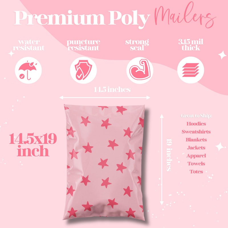 Pretty Package Store 14.5x19 Designer Poly Mailer 100 Pack Heavy Duty Waterproof Self Seal Shipping Bags for Small Business Large Mailing Envelopes Bulk Tear Resistant Cute Packaging Seeing Stars Pink - Image 3